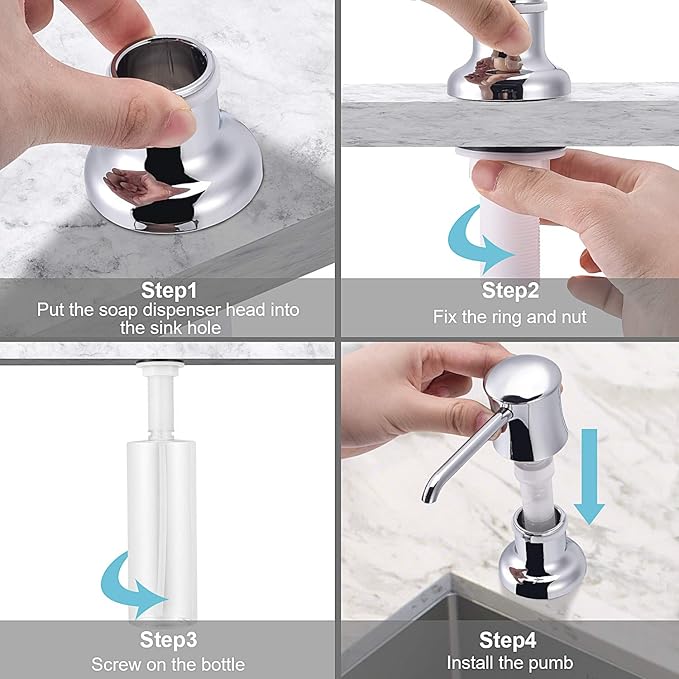 SAMODRA Built in Kitchen Sink Soap and Chrome Lotion Dispenser Built in Design for Counter Top with Large 12 OZ Liquid Soap Bottle