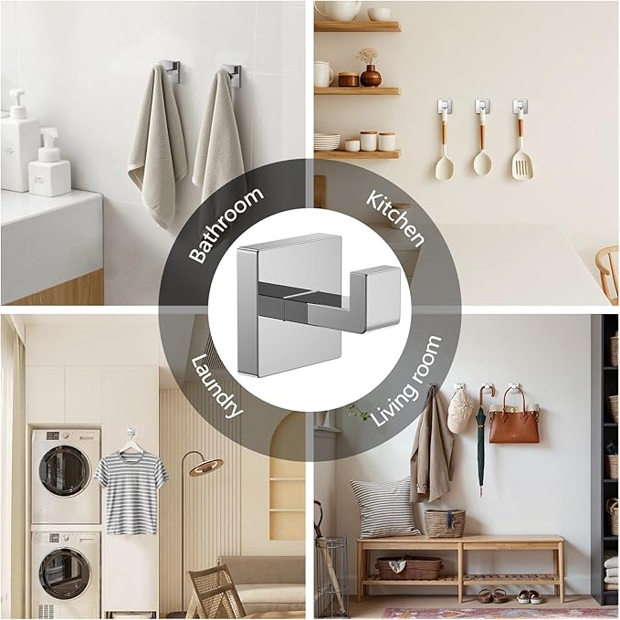 Kruodop 4 PCS Towel Hooks for Bathroom, Wall Mount Towel Holder, Black Matte Wall Robe Hook,Square Stainless Steel Door Hanger Towel Hook for Kitchen, Bedroom,Hotel,Pool,Coats（Silver）