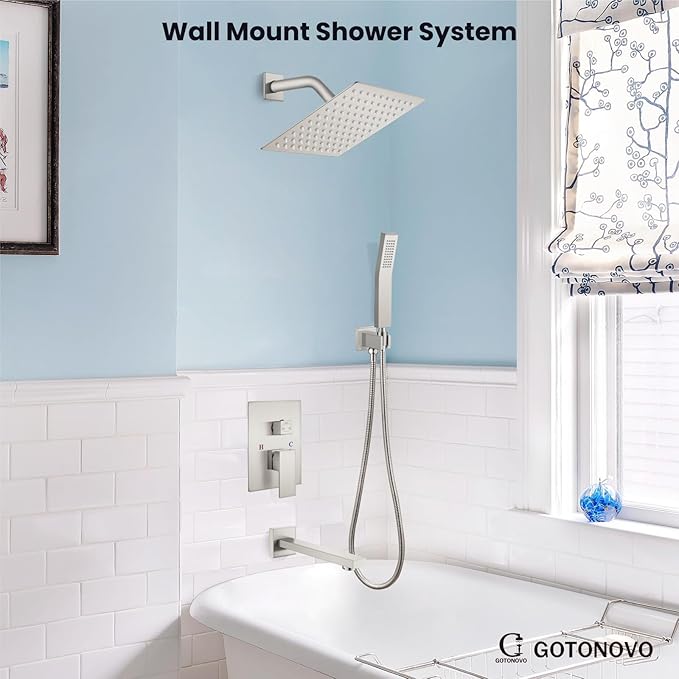 gotonovo Shower System with Tub Spout Wall Mounted Rain Shower Head and Handle Combo Shower Faucet Set with Valve, 8 Inch, Brushed Nickel