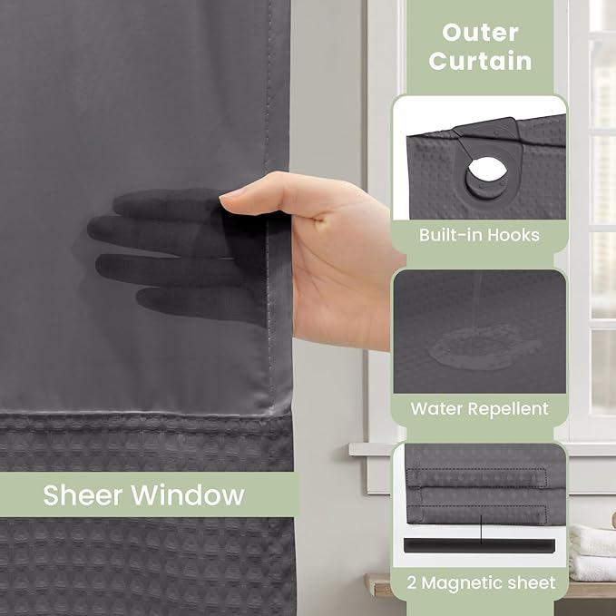 Inhousolu Extra Long No Hook Shower Curtain with Snap in Fabric Liner Set Waffle Weave 230GSM Weighted Hem, Waterproof & Washable Bathroom Curtain Spa with Mesh Top Window 72" W x 84" L Graphite Grey