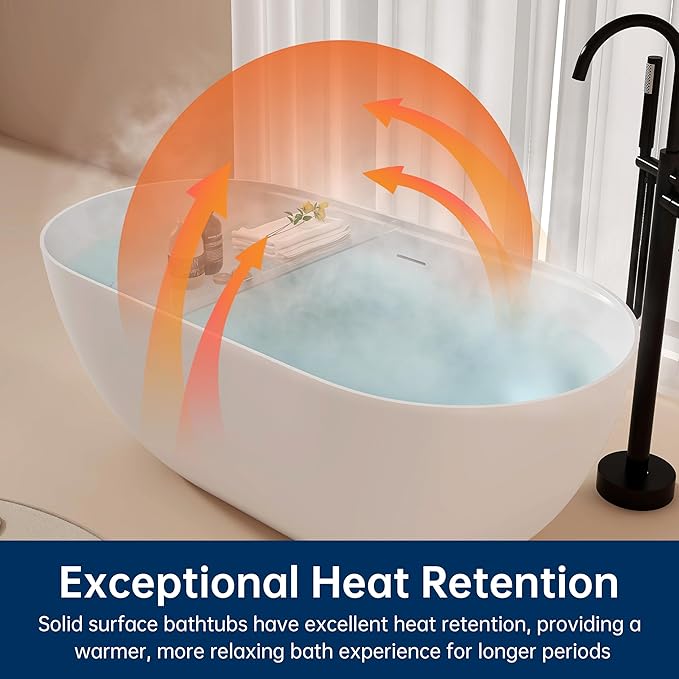 59'' Stone Resin Freestanding Bathtub, Bathroom Solid Surface Tub Bathtubs soaker Tubs Oval Shaped Matte Luxury Modern Soaking Tub with Overflow and Pop-up Drain - White