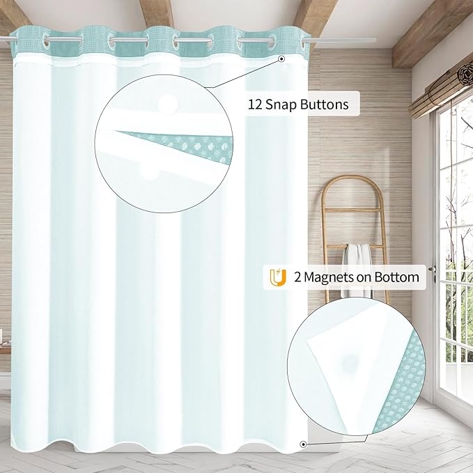 MitoVilla No Hooks Needed Turquoise Extra Long Shower Curtain Liner Set, Teal 86 inch XL Heavyweight Waffle Fabric Cloth Shower Curtains Set with Snap-in Liner for Modern Luxury Hotel Bathroom Decor