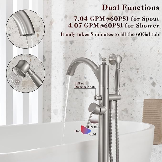 Freestanding Tub Faucets, Classic Freestanding Bathtub Faucet with Retro Handheld Sprayer High Flow Max 7.04GPM Floor Mount Tub Filler Swivel Spout Bath Tub faucet Brushed Nickel (WT-9002BN)