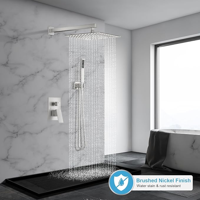 Shower Faucet Set Bathroom Square Rain Shower Head and Handle Set, Wall Mounted Shower Fixtures With Shower Valve and Trim Kit 12 inch Brushed Nickel