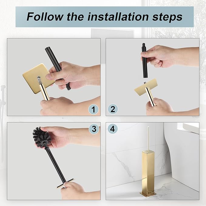 Gold Toilet Brush with Holder 304 Stainless Steel Toilet Bowl Brush, Square Bathroom Cleaner Brush