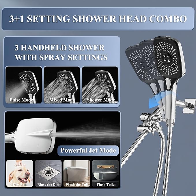 12 Inch Rain Shower Head with Handheld Spray Combo and Extention Arm, High Pressure Rainfall Waterfall Shower Heads, Dual Showerhead with 3-Way Diverter - Height/Angle Adjustable(Chrome)