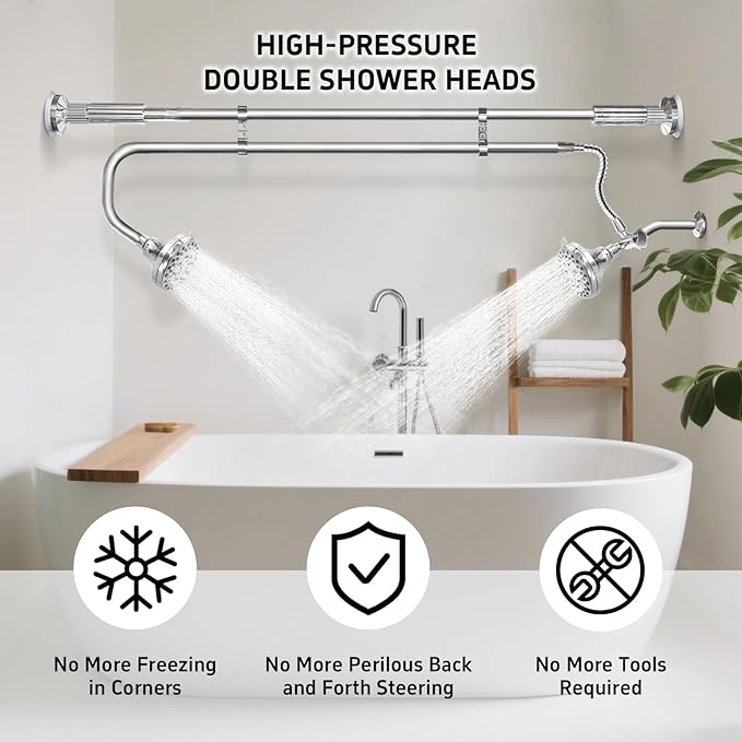 Tandem Shower Heads, Double Shower Head for Couples, Dual Shower Head System for Two People, High Pressure and Adjustable Double Shower Heads (Silver)