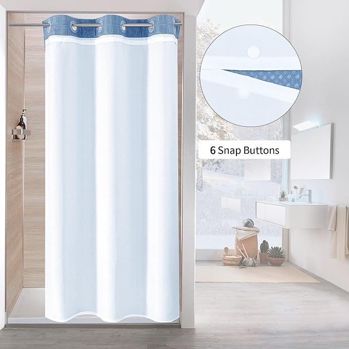 MitoVilla Blue Waffle Small Stall Shower Curtain Liner Set 36 x 74, No Hooks Required Half Size Narrow Fabric Cloth Shower Curtain Set with Snap-in Liner for Modern Bathroom Decor, Moonlight Blue