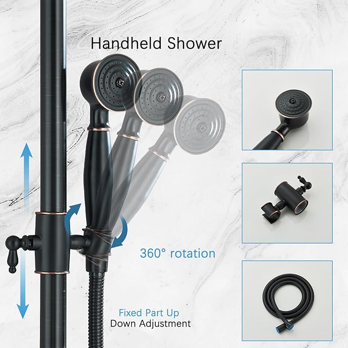 Rain Shower System Oil Rubbed Bronze Outdoor Shower Faucet Set with 8 Inch Rainfall Shower Head Handheld Spray 2 Cross Handles Wall Mounted Bathroom Shower Fixtures Solid Brass