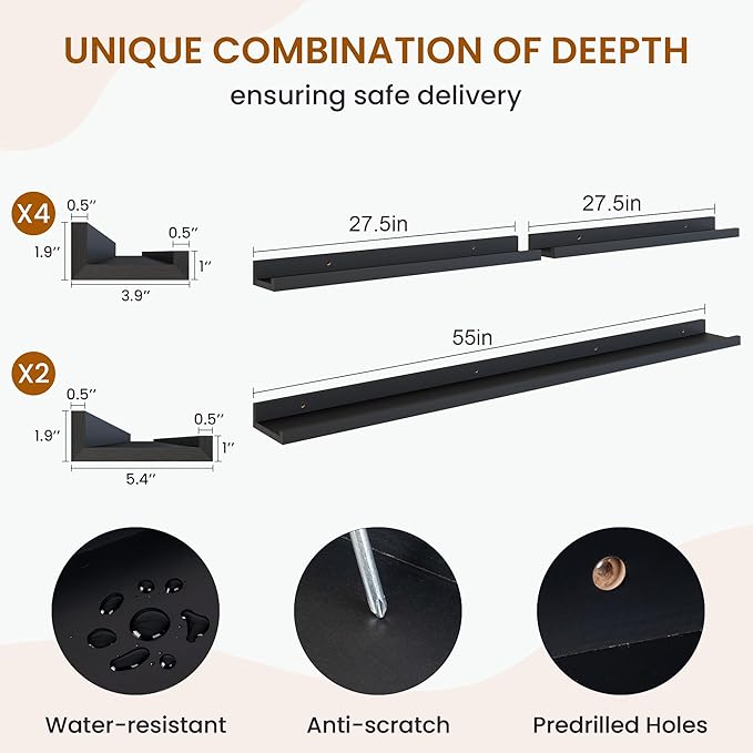 Axeman Picture Ledge Shelf, Floating Shelves for Wall Decor Storage Set of 6, 55 inch Floating Wall Mounted Shelves, Shelves with Lip for Living Room, Bedroom, Nursery, Bathroom, Kitchen, Black