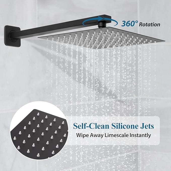 10 inch Square Shower Head and Handheld Set, Gasecoet Shower System with Tub Spout Wall Mounted Shower Faucet for Bathroom - Matte Black (With Shower Valve)