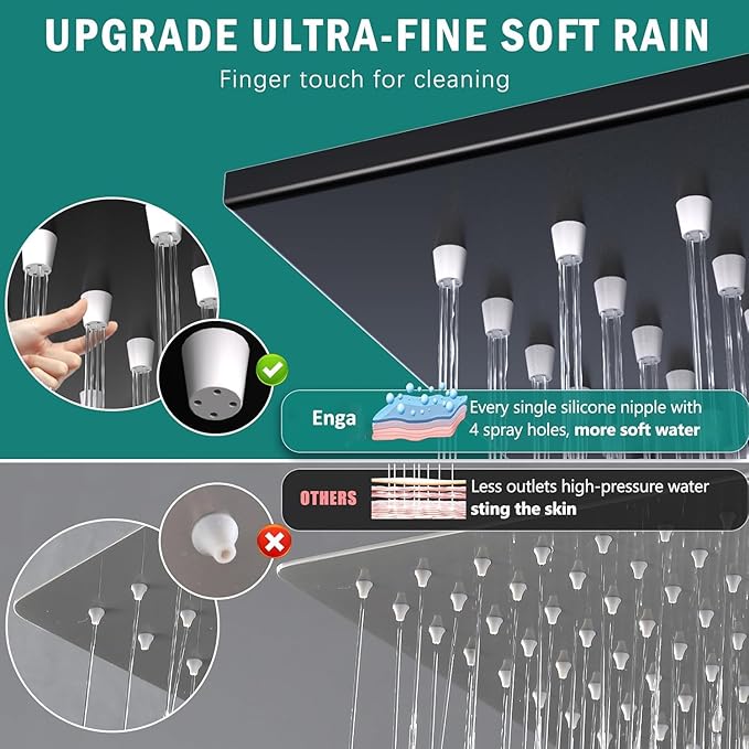 ENGA Shower System with Tub Spout, Bathtub Shower Faucet Combo Set - 10" & 6" Square Rain Shower Heads with 2 in 1 Handheld Spray, 4 Way Water Diverter, Matte Black