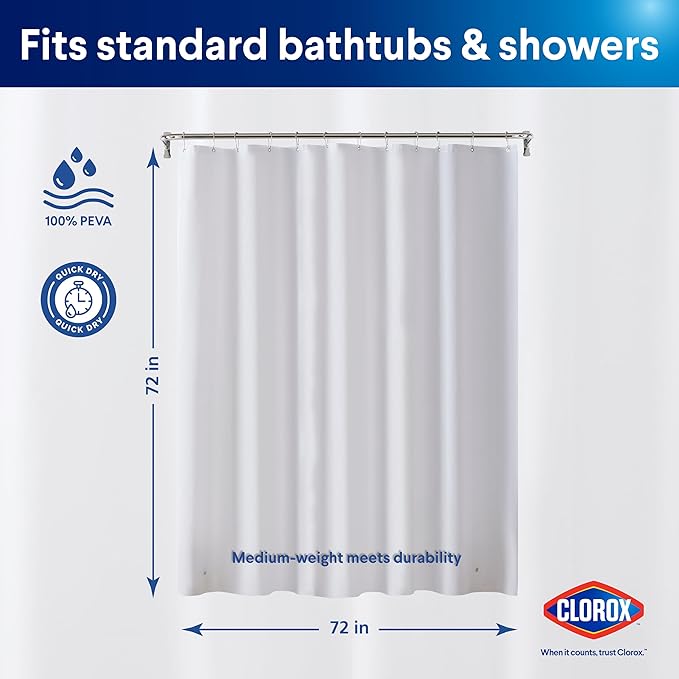 CLOROX Shower Curtain Liner, Premium Medium-Weight Durable Waterproof 6g PEVA for Bathroom with Weighted Magnets, Standard Size 72" x 72", Frosty 2 Pack
