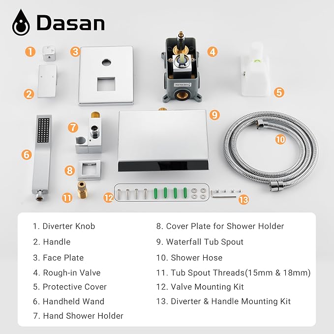 Upgraded Wall Mount Tub Filler Faucet with Handheld Shower, DASAN Modern Wall Mounted Bathtub Faucet Chrome High Flow Waterfall Tub Faucet with Rough in Valve, SA-TF04WH-PC