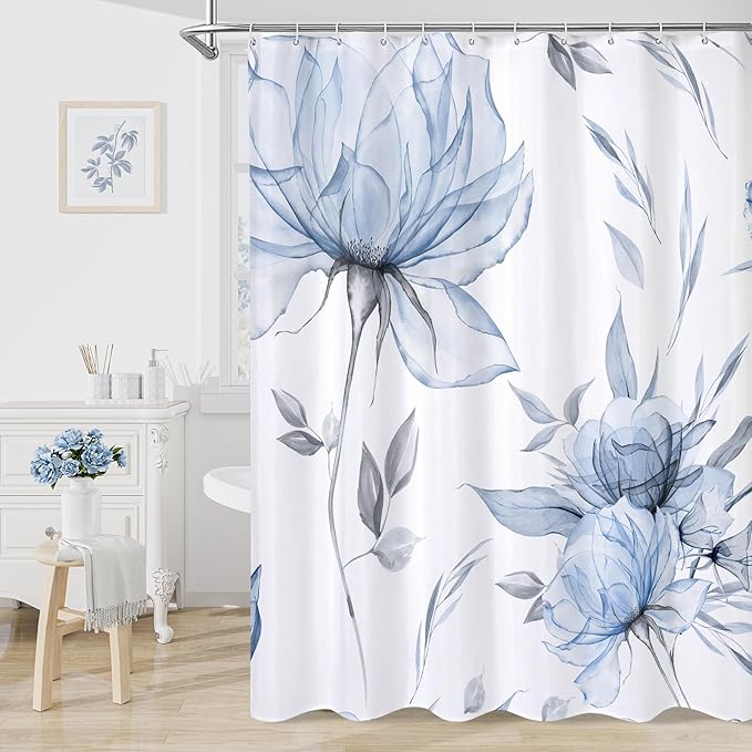 Long Boho Watercolor Floral Shower Curtain 72 x 78, Blue and Grey Ink Painting Style Flower Shower Curtains for Chic Elegant Bathroom, Artistic 78 Inch Long Fabric Shower Curtain