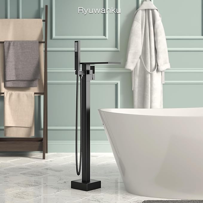 Freestanding Bathtub Faucet with Handheld Sprayer, Matte Black Floor Mount Tub Filler, High Flow Waterfall Brass Bath Shower Faucet for Modern Bathroom