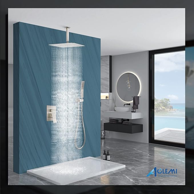 Aolemi Ceiling Mount Shower System Rain Shower Head with Handheld Spray High Pressure Shower Faucet Set Rough-in Valve Shower Trim Kit Included Bathroom Brushed Nickel 16 Inch Ceiling Shower Head