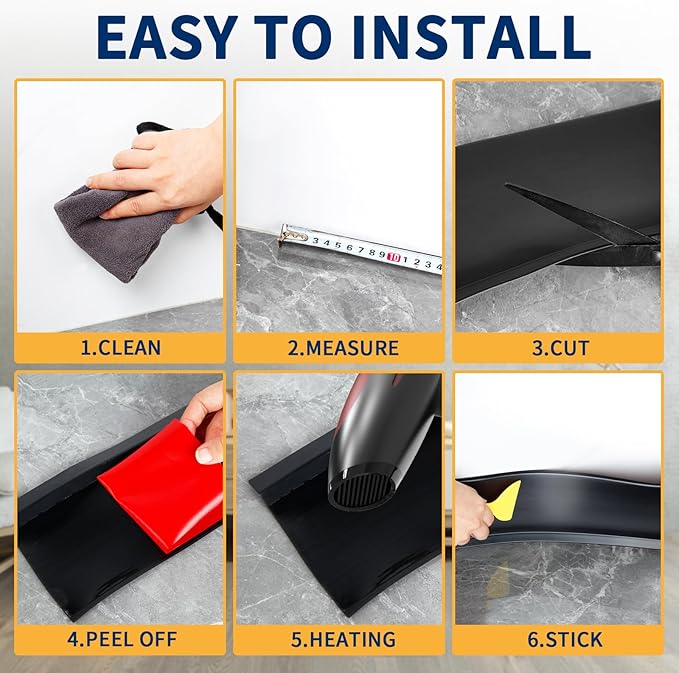 Flexible Baseboard Molding Trim 4 Inch Self-Adhesive Vinyl Wall Base Peel and Stick Cove Base Rubber Wall Baseboard Moulding Trim (100Ft, Black)