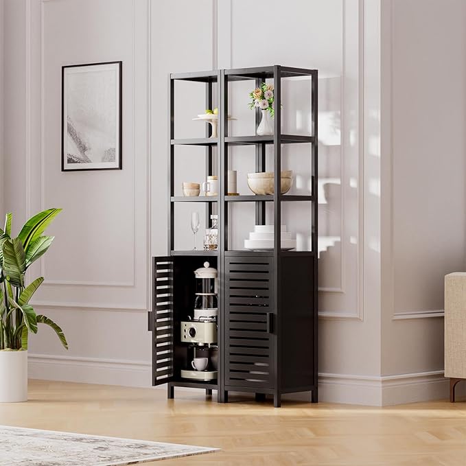 HITNET Bathroom Cabinet Freestanding, Tall Slim Bamboo Storage Cabinet with Shelves and Door, Space Saving Kitchen Cupboard Organizer, Black