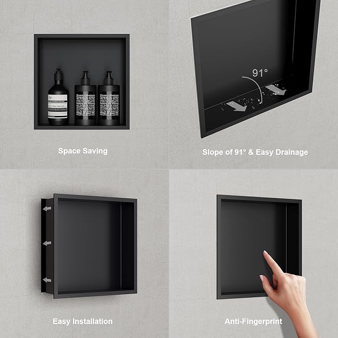No Tile Needed Matte Black Shower Niche Insert – Retrofit Waterproof 304 Stainless, Sloped Base, 12''×20''(13×6) Recessed Shelf for Contractor Remodel Showers