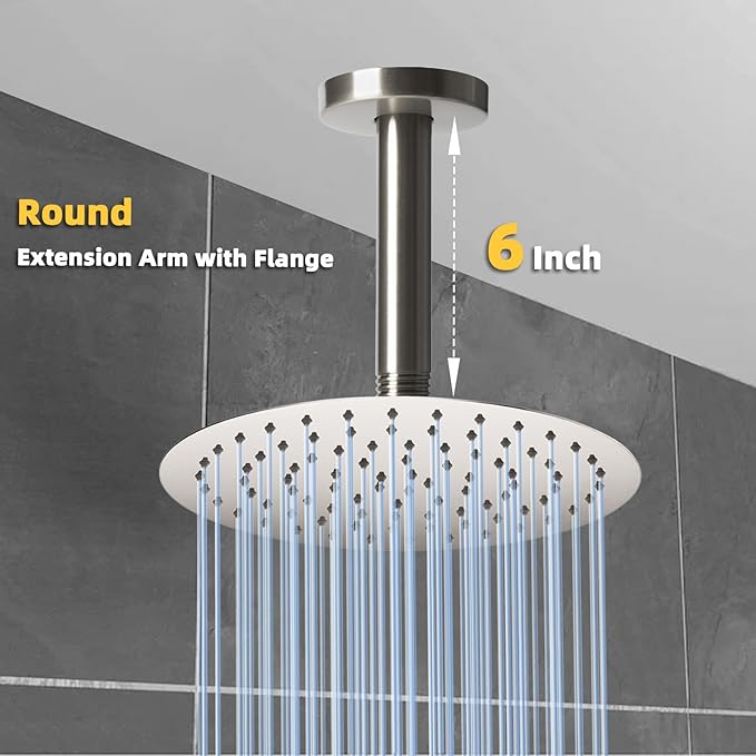 6 Inch Shower Arm with Flange, Ceiling Mounted Shower Head Extension Arm, 1/2 NPT Straight Arm for Rain Shower Head, Stainless Steel Shower Head Extension Replacement Pipe Arm, Brushed Nickel