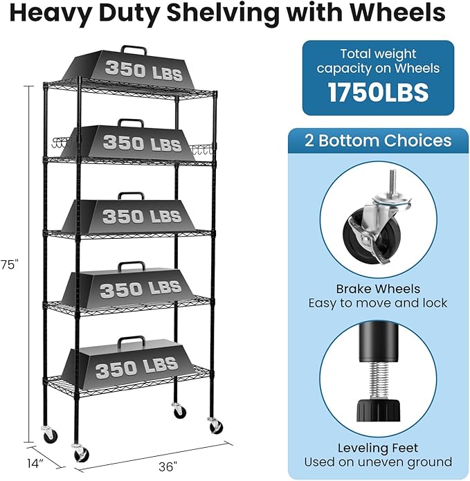 Storage Shelves 75"H Wire Shelving Unit with Wheels 1750LBS Heavy Duty Metal Shelves for Storage Adjustable 5-Tier Garage Storage Rack Kitchen Pantry Shelves Rolling Shelf on Casters, 14"D x36"W x75"H