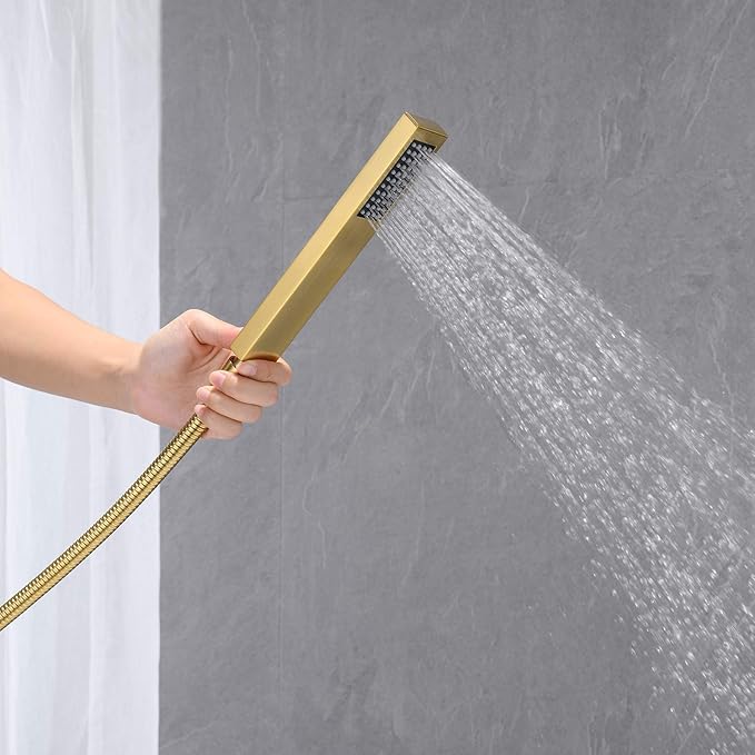 Freestanding Bathtub Faucet Brushed Gold Waterfall Tub Filler Floor Mount Brass Single Handle Bathroom Faucets with Hand Shower