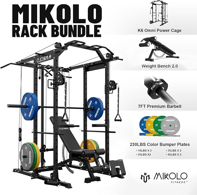 Mikolo Power Cage, Power Rack with Cable Crossover System, 1500LBS Squat Rack with LAT Pull Down System, Workout Cage with Pulley System for Fitness Home Gym