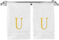 Monogrammed Hand Towel, Personalized Initial Gift, Extra Absorbent 100% Turkish Cotton - Soft Terry Finish - Set of 2 - Gold Block Initial U - Embroidered on White Towels