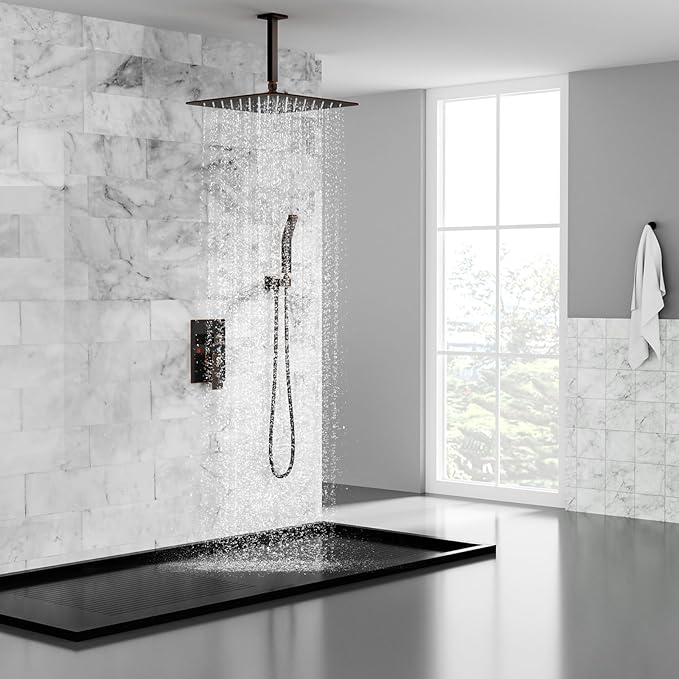 SR SUN RISE 16 Inches Oil Rubbed Bronze Shower Faucets Sets Complete Bathroom Rain Mixer Shower System Ceiling Mounted Rainfall Shower Head System (Contain Shower Faucet Rough-In Valve Body and Trim)