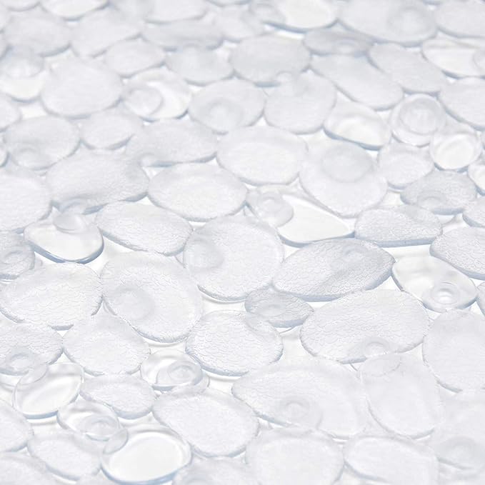 WELTRXE Pebbles Bath Mat Clear Non-Slip Bathtub Mat with Suction Cups, Drain Holes for Bathroom Showers, Tub, Machine Washable, BPA, Latex Free Safe Shower Mats, Oval 27 x 14 Inch