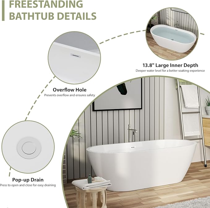 67" Acrylic Freestanding Bathtub - Mocoloo White Oval Shape Soaking Bath Tub with Stainless Drain and Overflow Assembly for Classic Modern Bathrooms