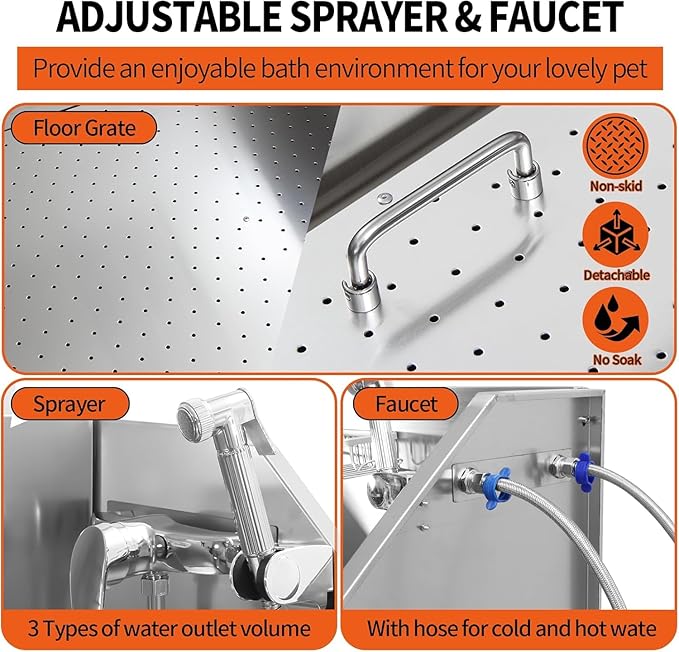 38 Inch Professional Dog Wash Station, Stainless Steel Dog Grooming Tub for Large, Medium & Small Pets - with Anti-Slip Stairs, Drain & Door, Silver