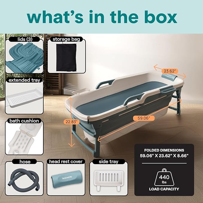 SereneLife 59" Portable Bathtub for Adults – Large Foldable Freestanding Bath Tub for Hot Spa, collapsible for Cold Plunge Ice Bath, Indoor/Outdoor, Pet & Family Use, Complete Set