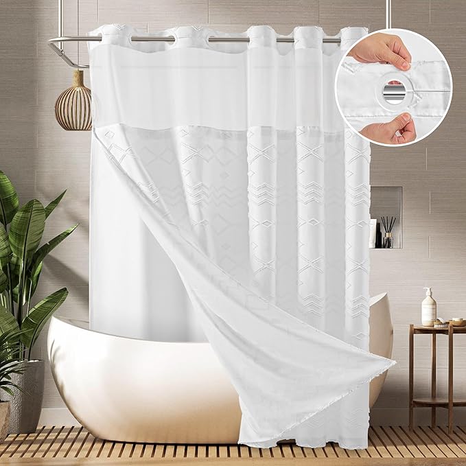 No Hooks Shower Curtain with Snap-in Liner, White Boho Fabric Tufted Chevron Striped Textured Shower Curtains for Bathroom, Water Repellent Hotel Quality Luxury Shower Curtain, 72Wx74H