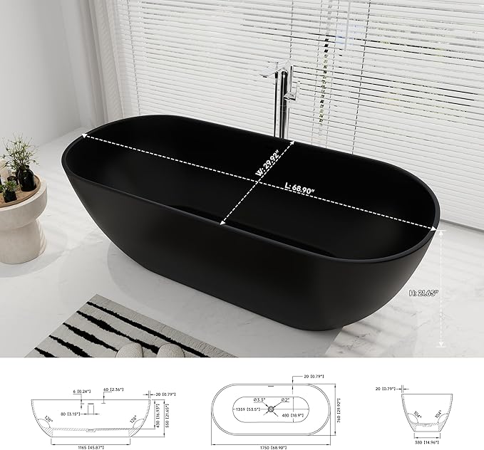 SJ STAR&JANE 69" Solid Surface Freestanding Bathtub Oval Stone Resin Soaking Tub Modern Stand Alone Tub with Overflow & Pop-up Drain, Matte Black for Bathrooms