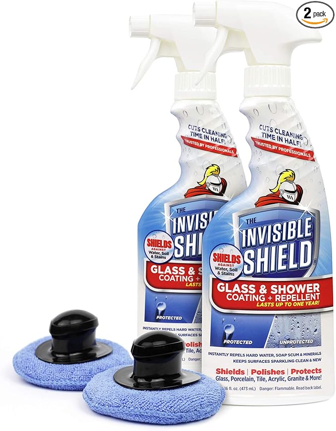 Invisible Shield Glass Shower Coating Spray for Showers, Mirrors, Windows, Wall Tile Against Soap Scum, Hard Water Minerals and Grime with Long Lasting Protection (2 Pack) 16 oz