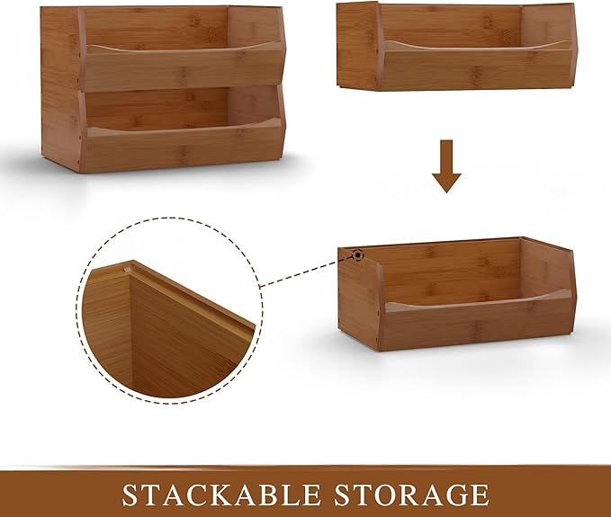 2 Set Open Front Stackable Storage Bins, Bamboo Stacking Storage Bins Food Vegetable Makeup Containers, Organizer Bins for Kitchen, Bathroom, Office, Cabinet, Countertop Storage (Long Walnut)