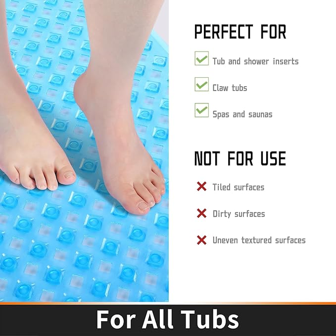 Yimobra Non Slip Bath Mat, Super Strong Suction Cups,34.5"x15.5"Long Tub Mat with Drain Holes, Machine Washable Fast Draining Shower Mats, Bathroom Essentials,Clear Blue