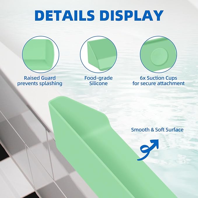 Splash Guard for Bathtub, 3.8" x 3.6" Silicone Bath Tub Splash Guard with 6 Suction Cups, Bathtub SplashGuard Play Shelf Area for Kids with 3°Drainage Slope for Faster Drying - 2 Packs Green