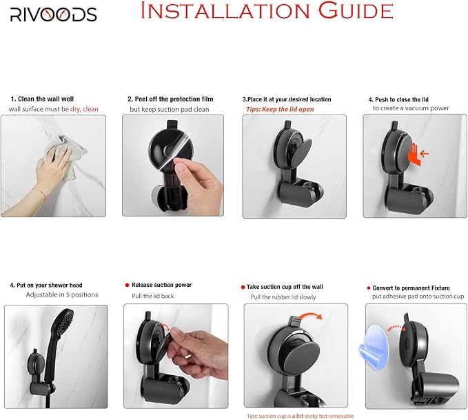 Suction Cup Hand held Shower Head Holder- Reusable - 5 Angles Adjustable - Bathroom Wall Mount Shower Wand Holder - Polished Chrome