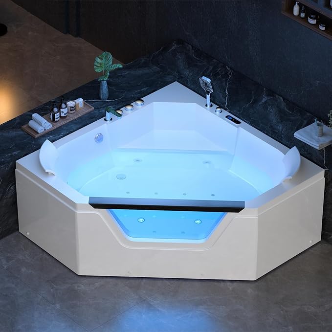 Empava PRO Series 59" Corner Whirlpool Tub for 2-Person | Luxury Jetted Spa with Thermostatic Control, Built-In Heater & Chromotherapy | Acrylic, White (ETL Certified)