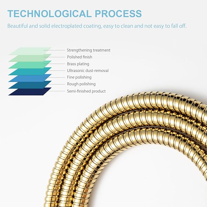 OFFO Shower Hose, 60 in Kink Free Stainless Steel Shower Hose Attachment Electroplating Handheld Shower Head Hose Flex Hoses Extension with Brass Insert & Nut for Pet Bathing Cleaning, Gold