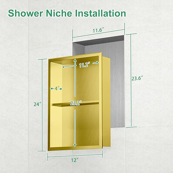 SaniteModar Shower Niche, Stainless Steel Shower Niche 12" X 24" No Tile Needed, Recessed for Bathroom Storage, Brushed Gold Double (Brushed Gold, 12x24,Double)