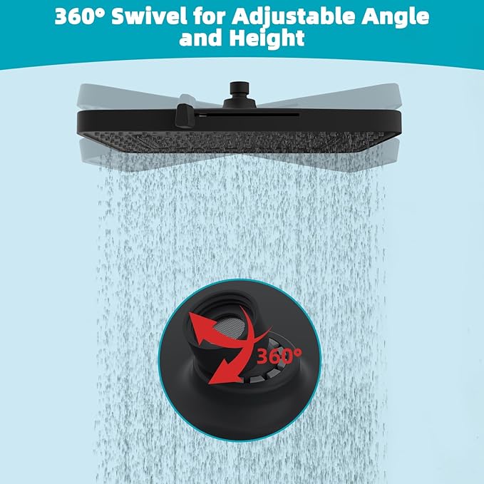Hibbent 5 Spray Modes Shower Head, 13'' High Pressure Rain Shower Head, Large Rainfall Showerhead, High Flow Waterfall Bathroom Fixed Showerheads with Adjustable Swivel Ball Joint, Matte Black