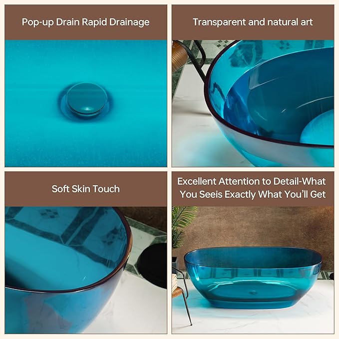WOODBRIDGE 63" L x 28-3/8" W Transparent Blue Stone Resin Freestanding Soaking Tub with Double Ended Design