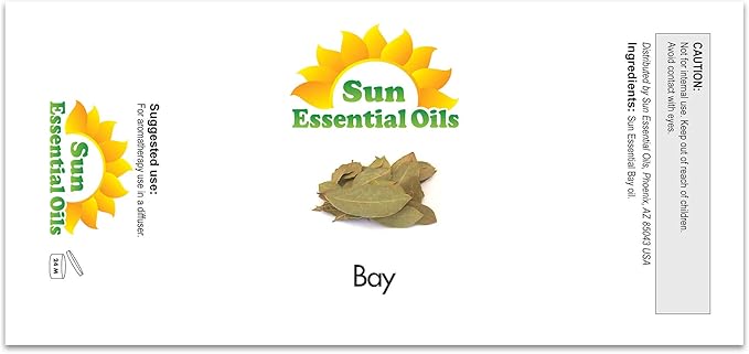 Sun Essential Oils – 4 oz Bay Essential Oil with Dropper for Diffuser, Massage Therapy, Scalp Care, Aromatherapy, Fresh Scent for Candle, Lotion & Shampoo Making, Room Fragrance