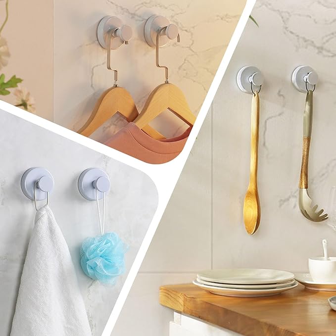 Suction Cup Hooks for Shower, Bathroom Hooks for Towels Stainless Steel Wall Hook for Hanging up to 6.5 lbs for Kitchen, Glass, Mirror(2PCS White)