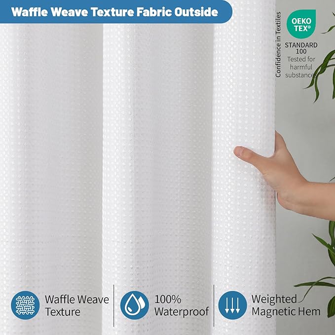 2-in-1 Waterproof Fabric Shower Curtain - No Separate Liner Needed, Hotel-Style Waffle Weave, Effortless Cleaning & Washable Bathroom Shower Curtain Set,72Wx78H,White