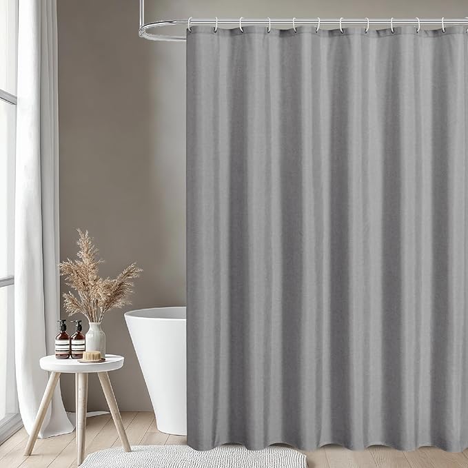 2-in-1 Waterproof Long Fabric Shower Curtain or Liner,Linen Textured,78 Inch Breathable TPU & Washable Bathroom Shower Curtain Set with 12 Plastic Hooks,Modern,72"x78" Grey
